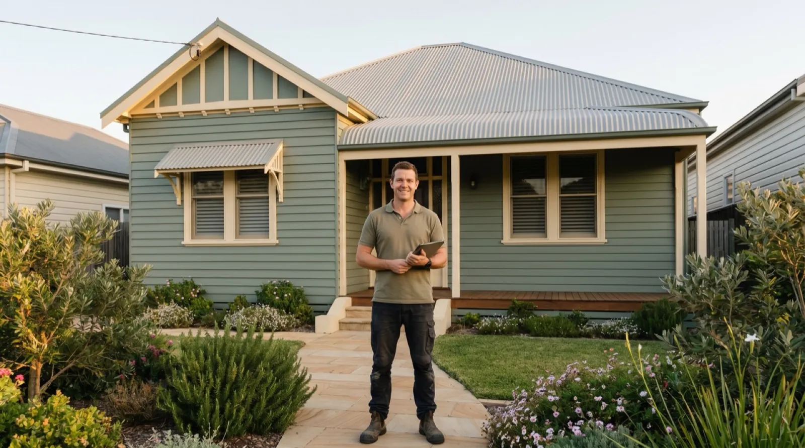 A pest technician standing in front of a restored weatherboard home in Newcastle