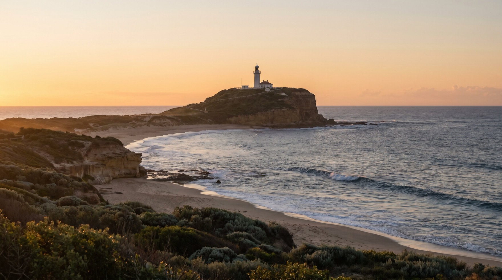 The Newcastle coastline near Nobbys headland at golden morning light