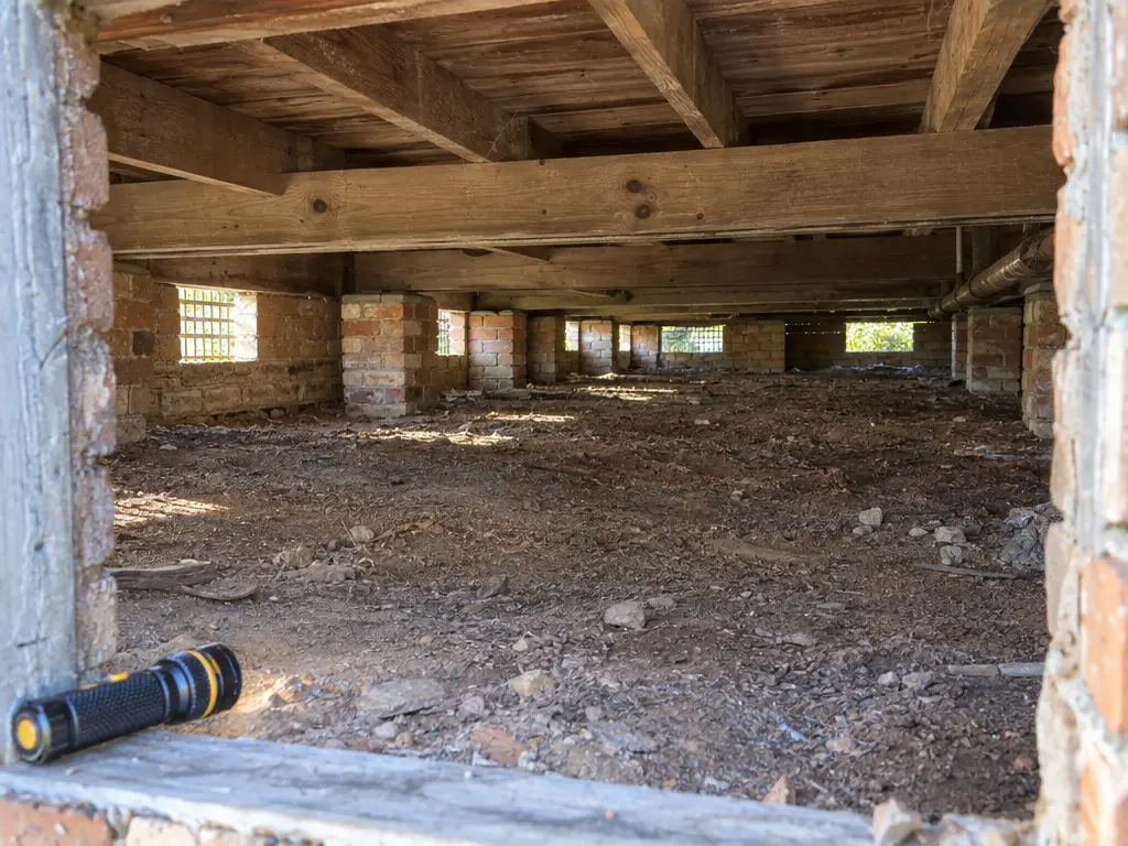 The subfloor of an older timber house on brick piers, seen from the access opening, with clear dry soil, daylight from the vents and a torch resting at the opening