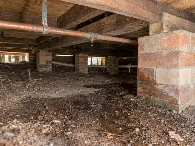 Under an older house: brick piers, timber bearers and joists, and a copper pipe dripping onto damp soil