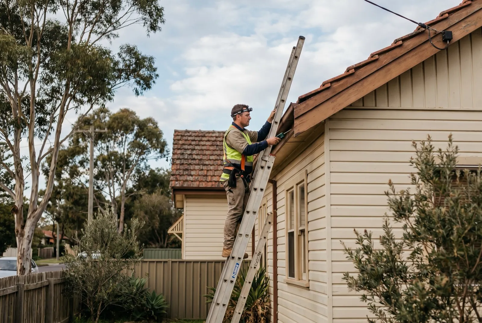 A technician inspecting the eaves and roofline of a Newcastle home