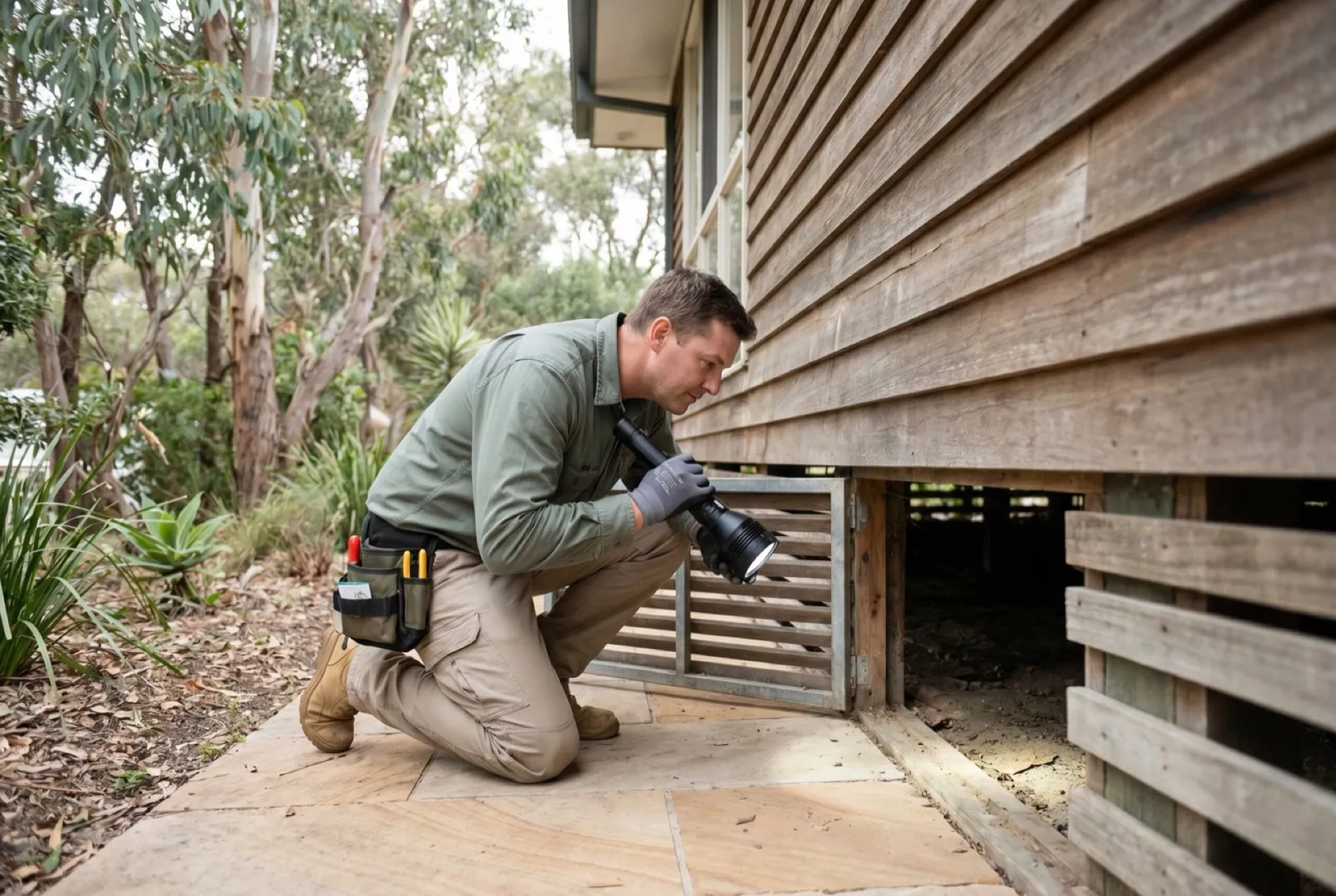 A technician inspecting the subfloor of a raised timber home with a torch