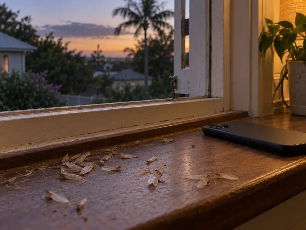 Discarded insect wings on a timber windowsill at dusk
